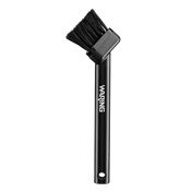 A black cleaning brush designed for waffle makers, featuring stiff bristles angled at 90 degrees from the handle. The handle has WARING printed in white letters and a convenient hole at the bottom for hanging. The background is light gray.