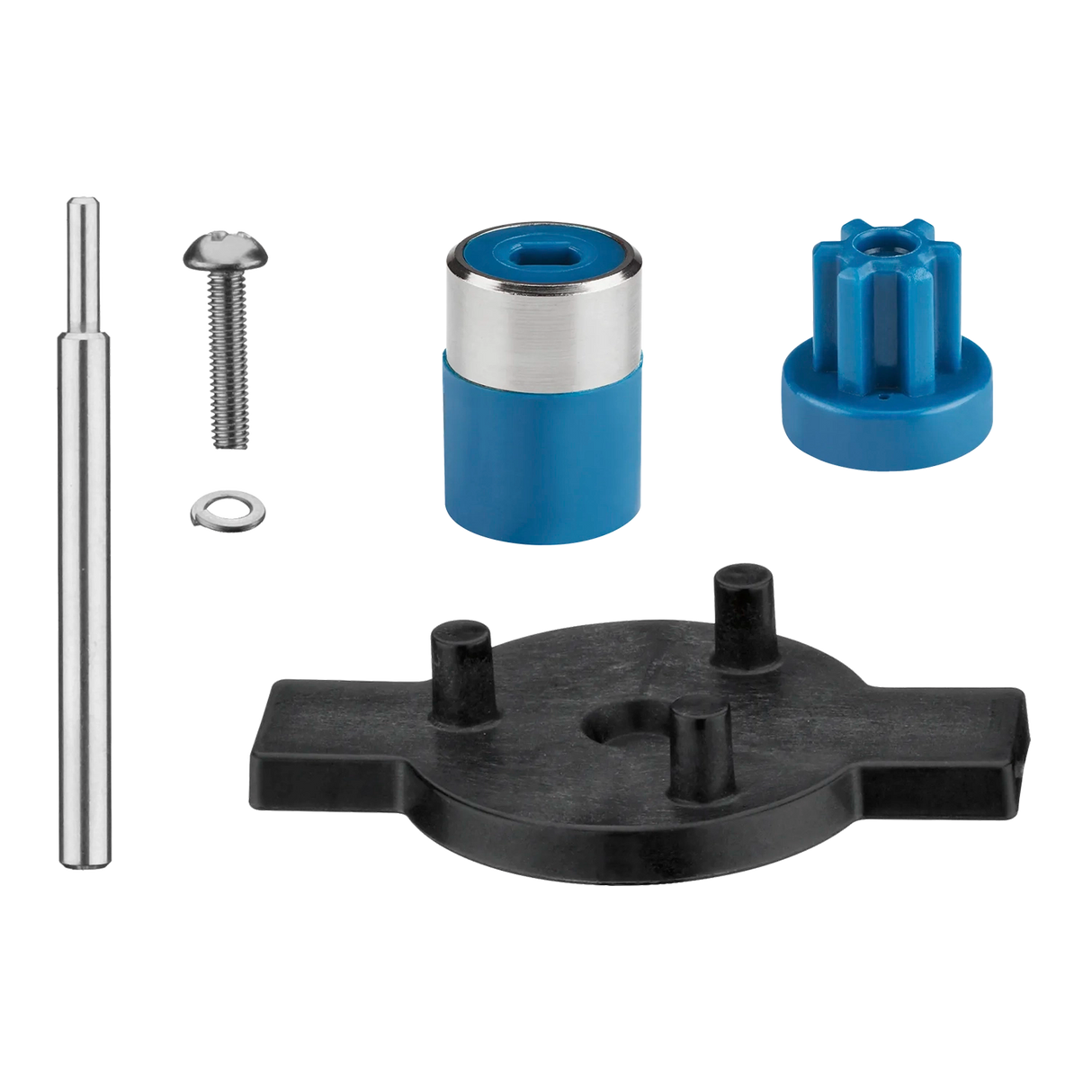 A set of hardware parts on a white background, including components from a Heavy-Duty Big Stik EvolutionX immersion blender replacement kit: a long metal rod, screw with washer, blue and silver cylindrical piece, blue gear-like cap, and black plastic base.