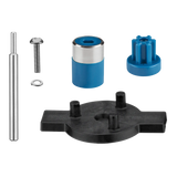 A set of hardware parts on a white background, including components from a Heavy-Duty Big Stik EvolutionX immersion blender replacement kit: a long metal rod, screw with washer, blue and silver cylindrical piece, blue gear-like cap, and black plastic base.