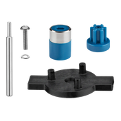 A set of hardware parts on a white background, including components from a Heavy-Duty Big Stik EvolutionX immersion blender replacement kit: a long metal rod, screw with washer, blue and silver cylindrical piece, blue gear-like cap, and black plastic base.