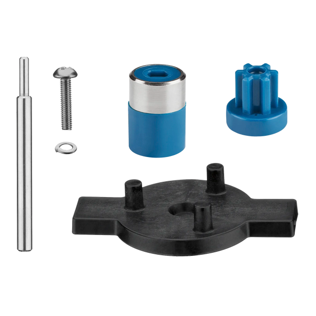 A set of hardware parts on a white background, including components from a Heavy-Duty Big Stik EvolutionX immersion blender replacement kit: a long metal rod, screw with washer, blue and silver cylindrical piece, blue gear-like cap, and black plastic base.