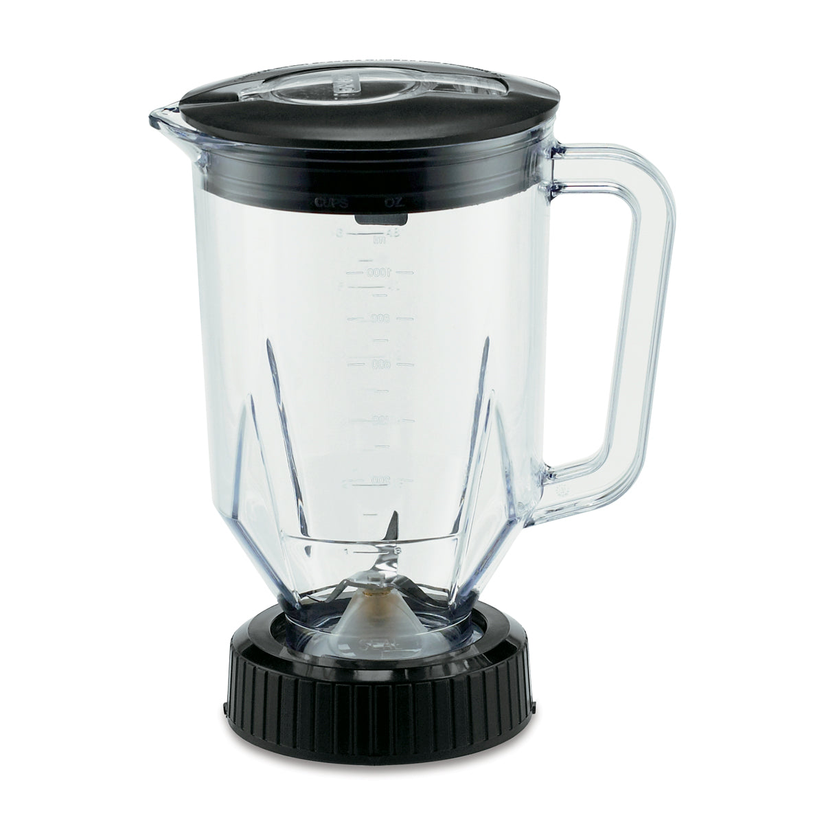 A 48 oz BPA free blender container with measurement markings, a black lid, and handle sits upright. The base is black with visible metal blades at the center bottom inside the jar. The background is plain white.