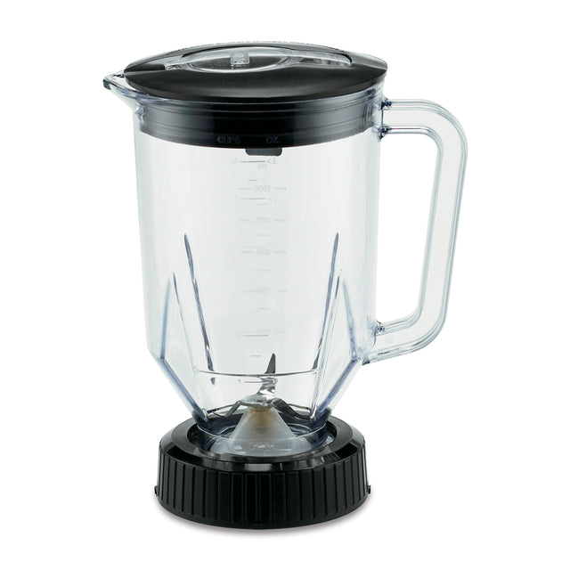 A 48 oz BPA free blender container with measurement markings, a black lid, and handle sits upright. The base is black with visible metal blades at the center bottom inside the jar. The background is plain white.