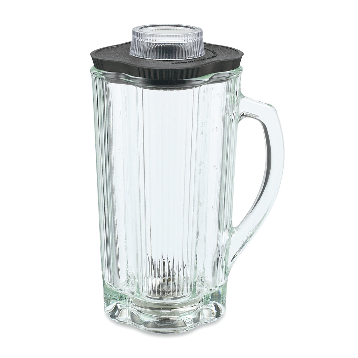 A clear Waring 40 oz glass Blender Container with vertical ribs, a handle on the right, a black plastic base, and a transparent lid. The empty jar stands upright on a white background.