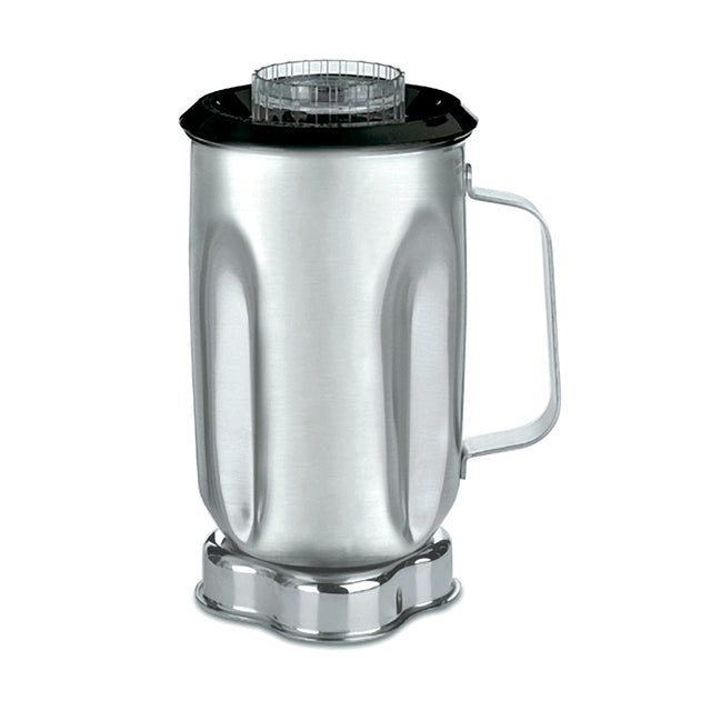 A 32 oz stainless steel blender container with a shiny, reflective surface is shown upright. It features a black plastic lid with a transparent central cap, a metal handle, and a metallic circular base designed to attach to a blender motor.