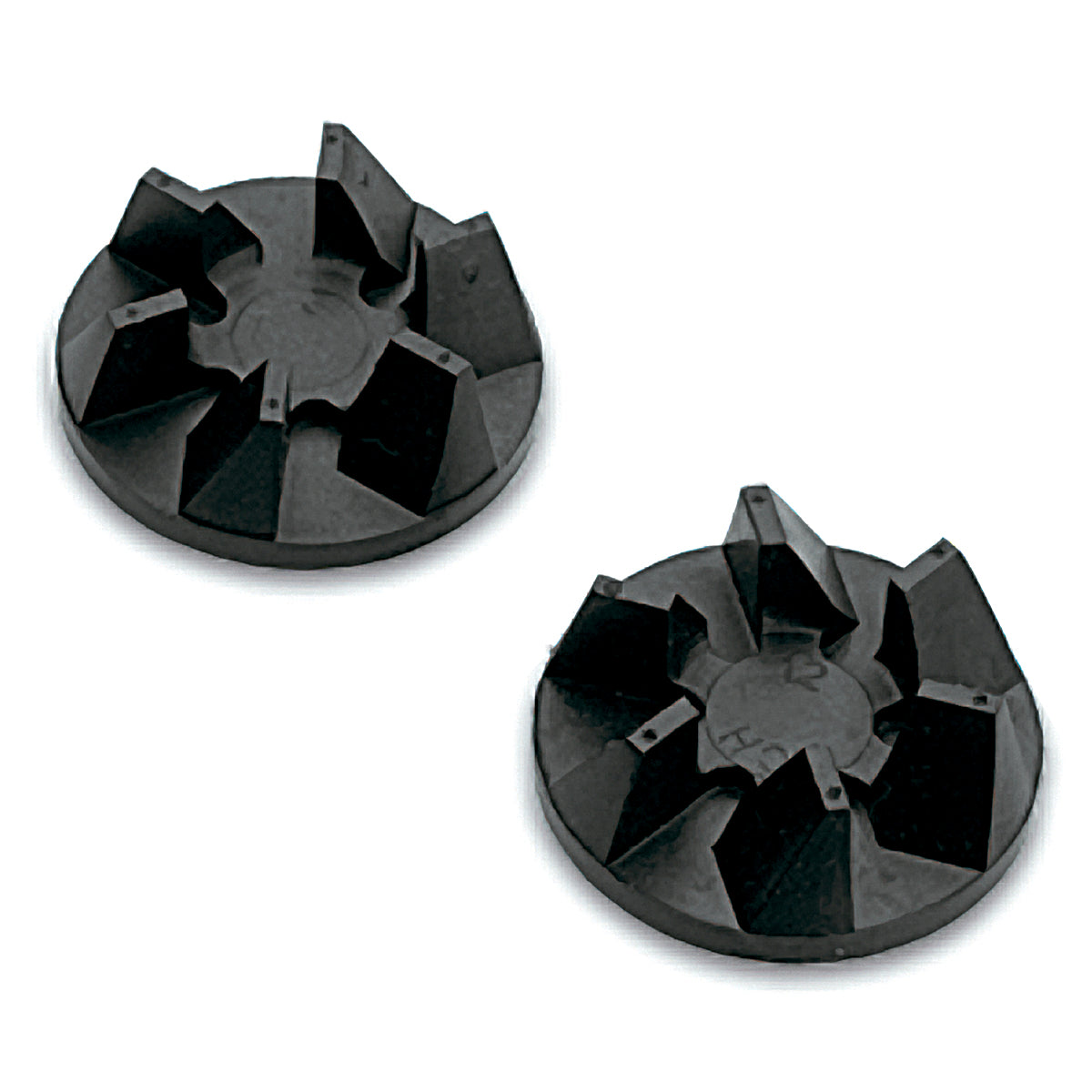 Two round, black plastic objects with raised, angular fins arranged in a circular pattern on top. Resembling gears, these are likely BB150 Waring components for a Clutch Repair Kit, both shown against a white background.