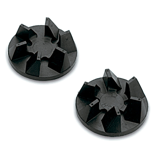 Two round, black plastic objects with raised, angular fins arranged in a circular pattern on top. Resembling gears, these are likely BB150 Waring components for a Clutch Repair Kit, both shown against a white background.
