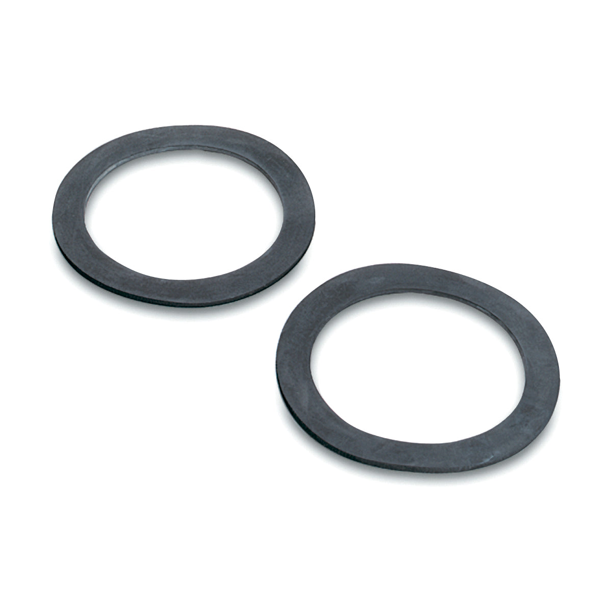 Two flat, circular, black metal washers—ideal as Waring repair gaskets or BB150 replacements—lie on a white background. They have large central holes, thin edges, and smooth matte surfaces, positioned slightly angled away from each other.