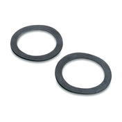 Two flat, circular, black metal washers—ideal as Waring repair gaskets or BB150 replacements—lie on a white background. They have large central holes, thin edges, and smooth matte surfaces, positioned slightly angled away from each other.
