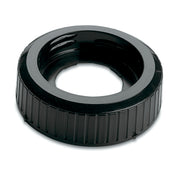 A black, round plastic screw cap with vertical ridges around its outer edge and an open center, photographed on a white background. This glossy BB150 cap appears sturdy and is likely used for sealing bottles or in a Waring Collar Repair Kit.