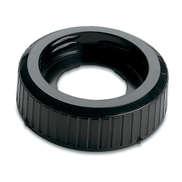 A black, round plastic screw cap with vertical ridges around its outer edge and an open center, photographed on a white background. This glossy BB150 cap appears sturdy and is likely used for sealing bottles or in a Waring Collar Repair Kit.