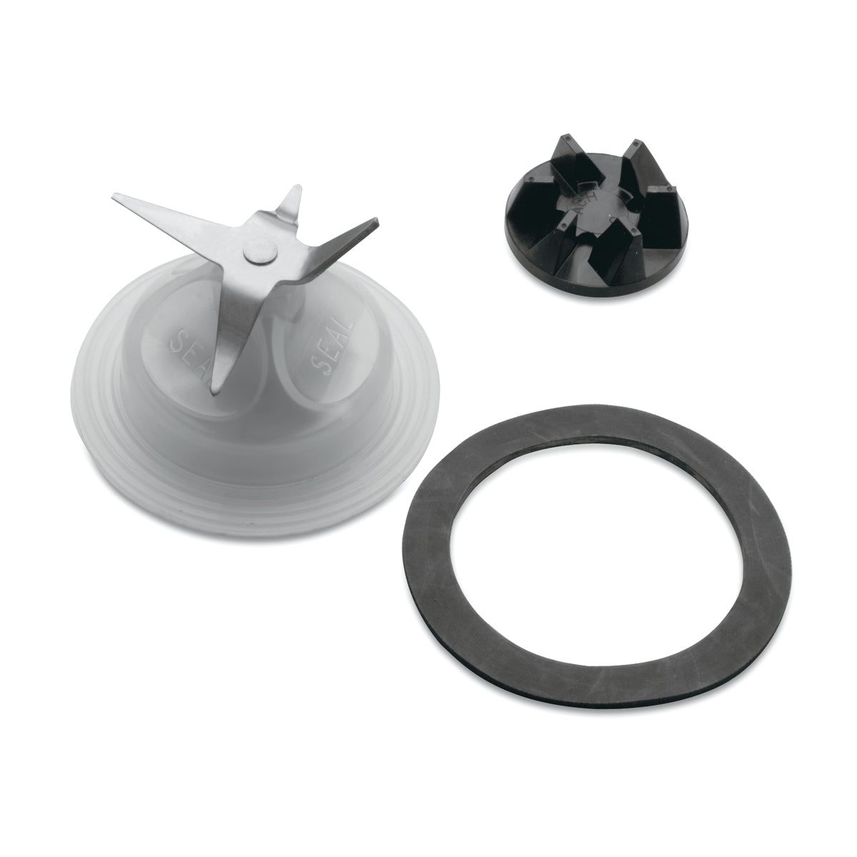 A Waring blade assembly with four angled metal blades, a clear plastic base, black plastic coupling, and round black rubber gasket—perfect as part of a Bar Blender Repair Kit. All parts are arranged on a white background.