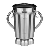 A stainless steel Waring Commercial 128 oz blender container with two side handles, a secure lid, and measuring marks on the front. The jar’s wide, sturdy base is ideal for heavy-duty blending, and its polished metallic surface reflects light.