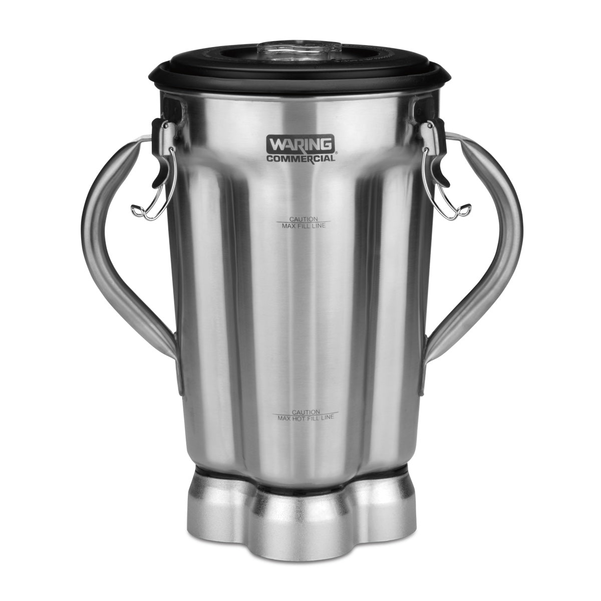 A Waring stainless steel blender container with two curved side handles, a black lid, and measurement markings on the front; the jar base has four grooved sections, giving it a shiny, industrial look.