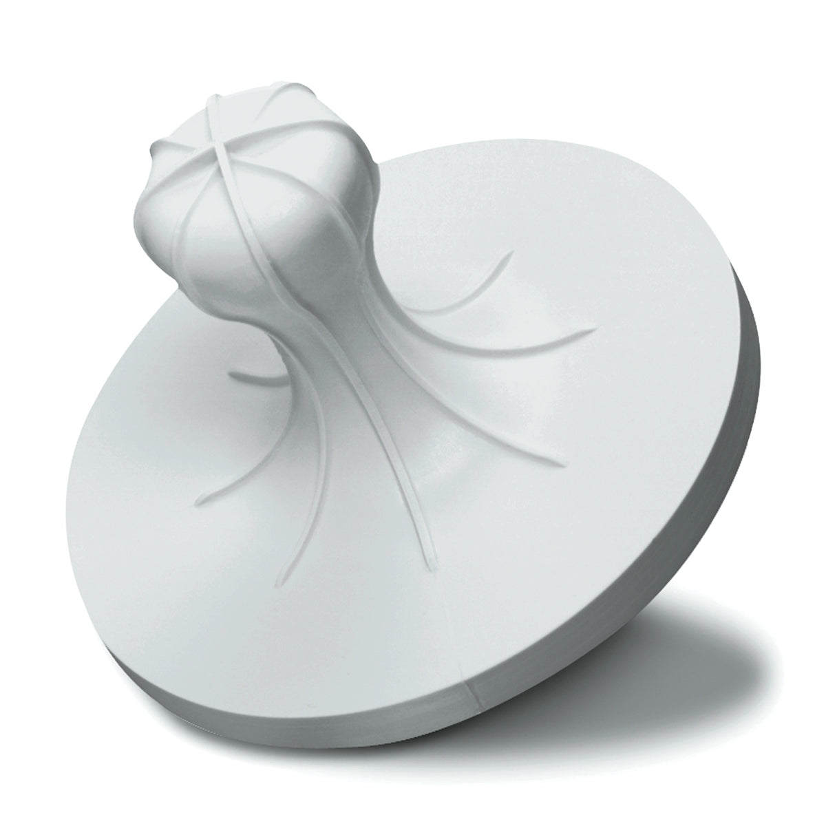 A white, round citrus juicer attachment compatible with Waring JC4000, featuring a ridged, bulbous center like a classic lemon reamer. Curved grooves direct juice into the circular base. Photographed angled right on a white background.