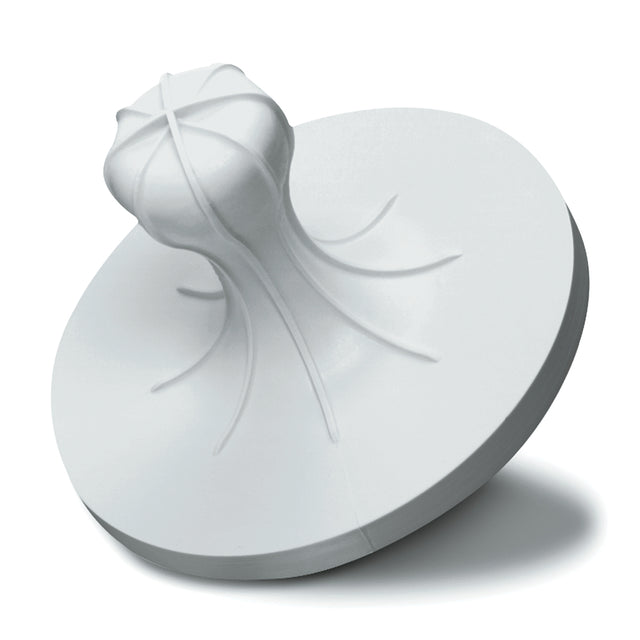 A white, round citrus juicer attachment compatible with Waring JC4000, featuring a ridged, bulbous center like a classic lemon reamer. Curved grooves direct juice into the circular base. Photographed angled right on a white background.