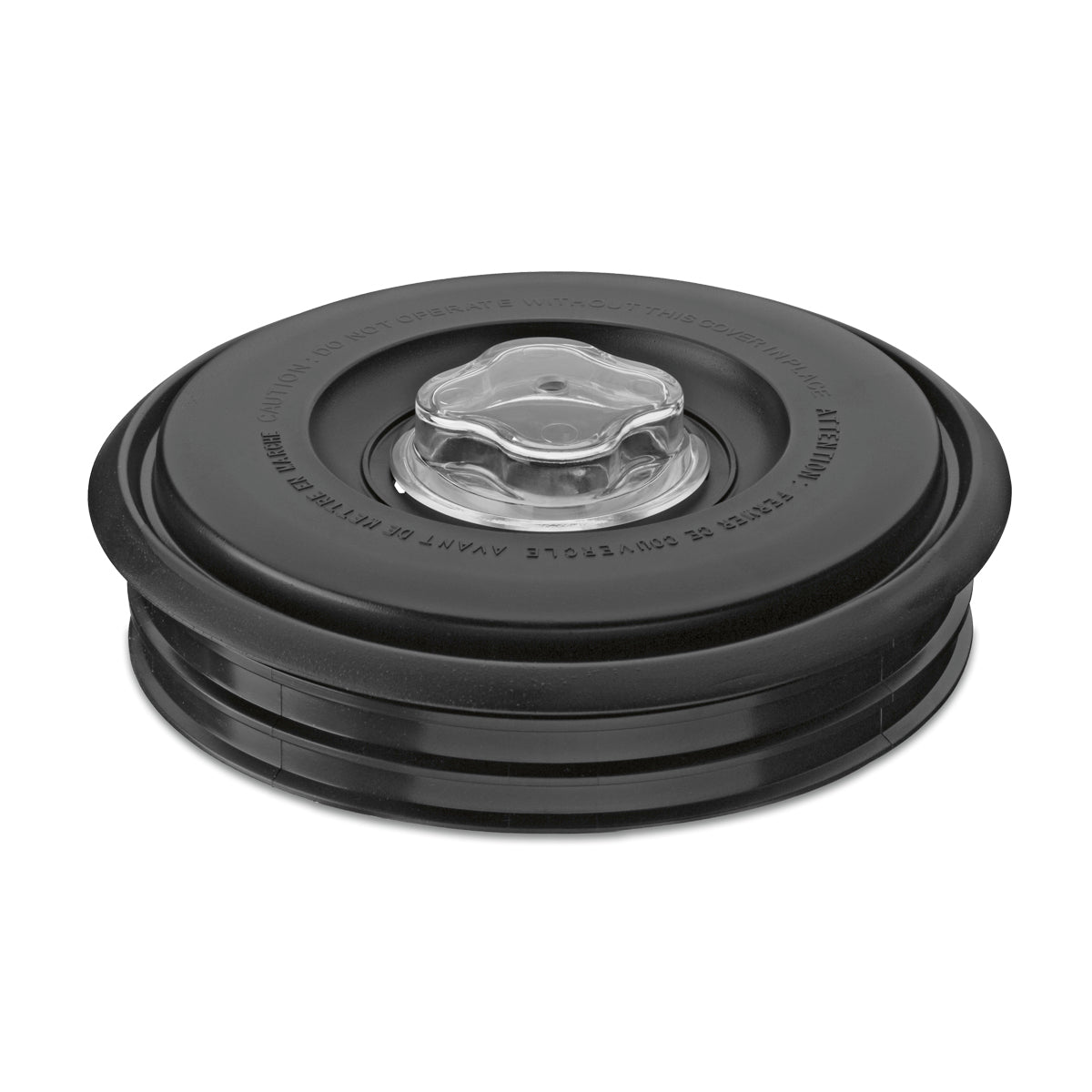 A black circular Waring blender lid with a clear, removable plastic cap in the center. Designed to fit securely on CB15 or CB10 pitchers, it features raised text around the cap and a wide rim, offering a sleek and functional appearance.