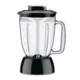 A clear polycarbonate blender container with measurement markings, black handle, and matching lid sits on a black Waring blender base. The empty jar and entire blender are shown against a white background.