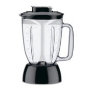 A clear polycarbonate blender container with measurement markings, black handle, and matching lid sits on a black Waring blender base. The empty jar and entire blender are shown against a white background.
