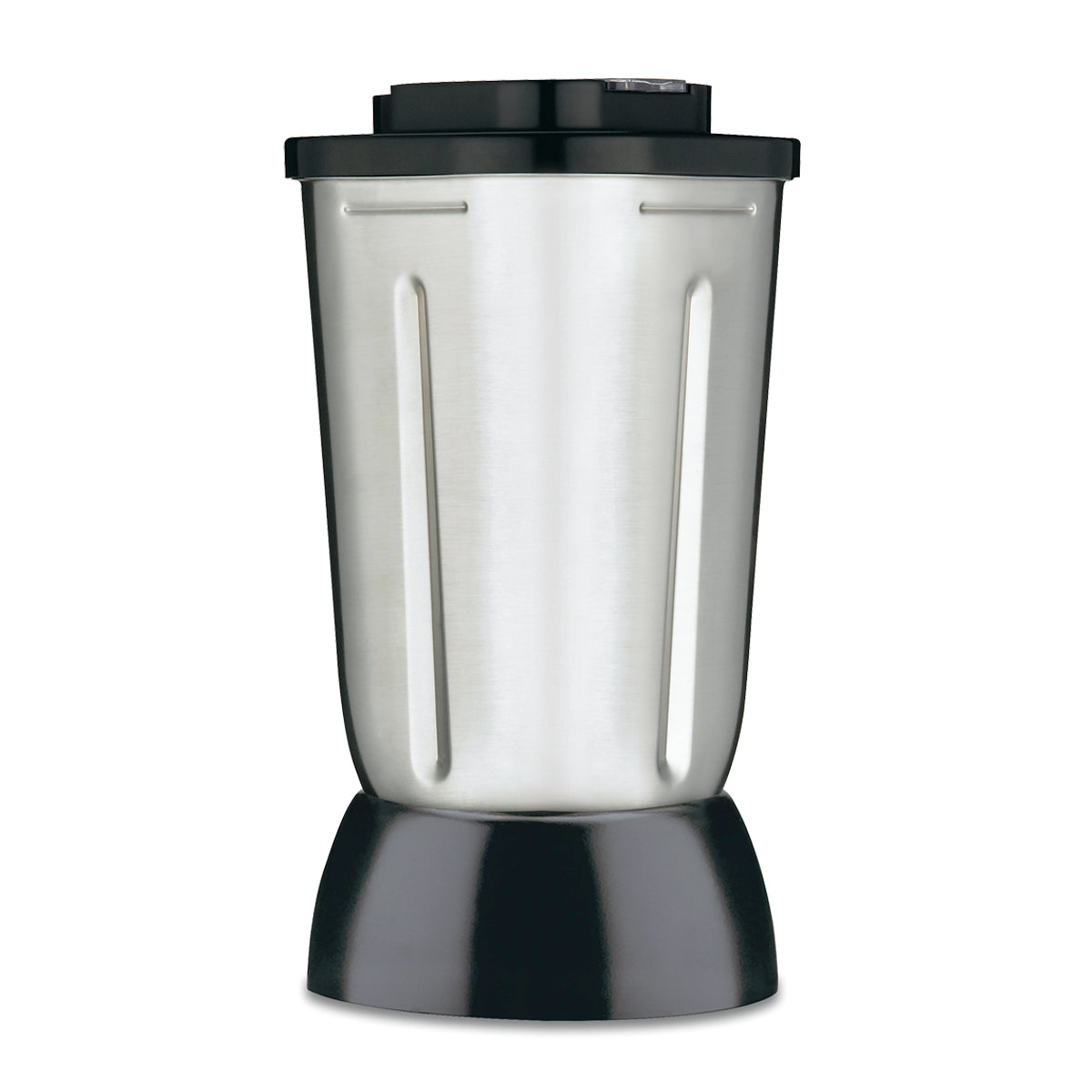 A sleek and modern 32 oz stainless steel blender jar with a black base and lid. The cylindrical Waring container features vertical indents on the sides, all set against a plain white background.