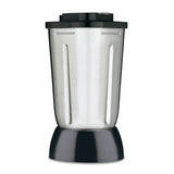 A sleek and modern 32 oz stainless steel blender jar with a black base and lid. The cylindrical Waring container features vertical indents on the sides, all set against a plain white background.