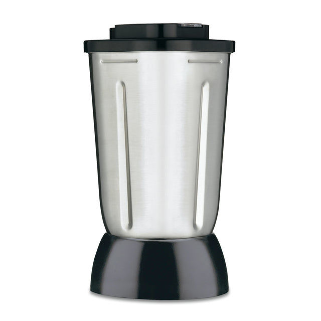 A sleek and modern 32 oz stainless steel blender jar with a black base and lid. The cylindrical Waring container features vertical indents on the sides, all set against a plain white background.