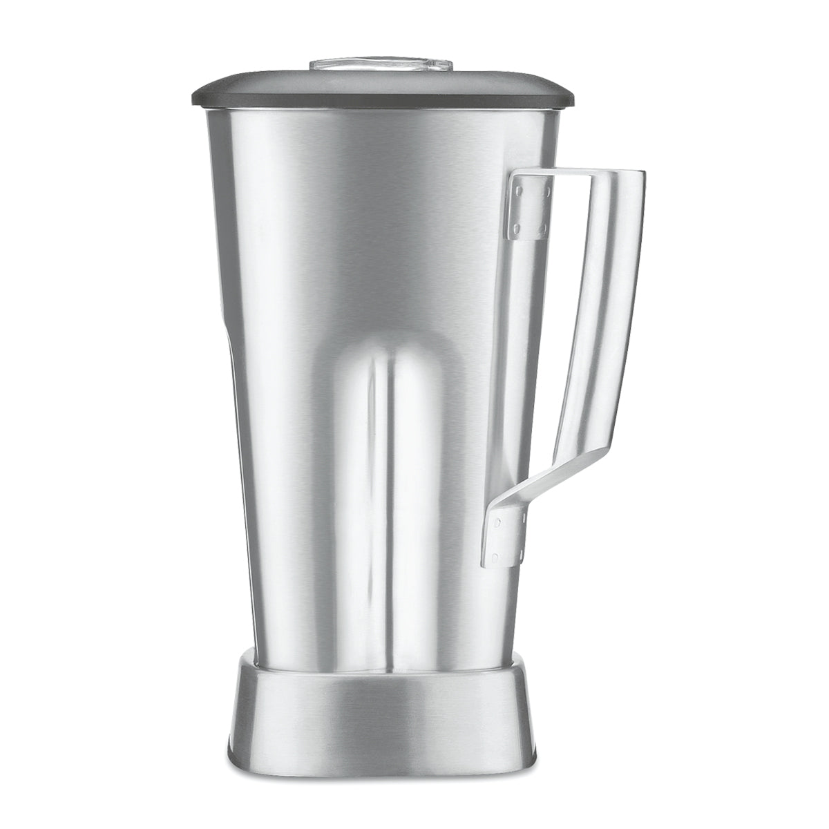 A 64 oz stainless steel blender container with a sturdy handle and lid is shown standing upright. The jar has a brushed metal finish and flared base, designed for secure attachment to the Waring TORQ 2.0 blender base.