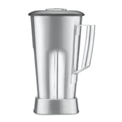 A 64 oz stainless steel blender container with a sturdy handle and lid is shown standing upright. The jar has a brushed metal finish and flared base, designed for secure attachment to the Waring TORQ 2.0 blender base.