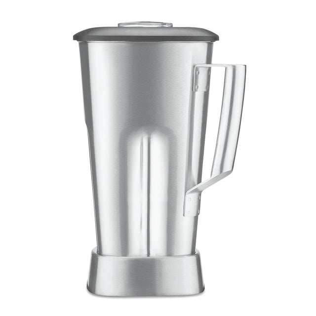 A 64 oz stainless steel blender container with a sturdy handle and lid is shown standing upright. The jar has a brushed metal finish and flared base, designed for secure attachment to the Waring TORQ 2.0 blender base.