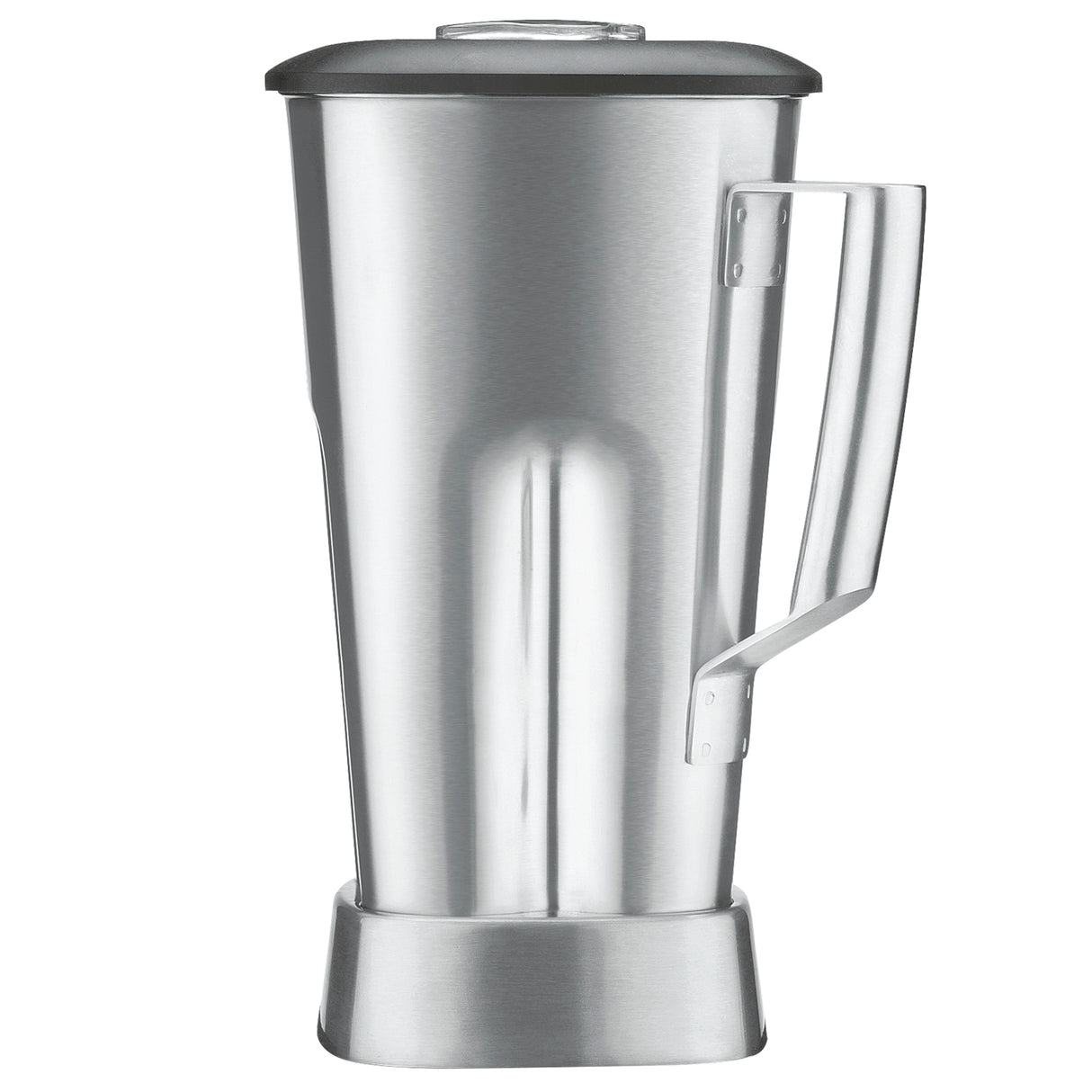 A stainless steel Blender Container from the Xtreme MX series, featuring a matching lid and handle. Its metallic, reflective surface and sleek modern design stand out, while the wide base and side handle ensure easy pouring.