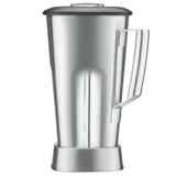 A stainless steel Blender Container from the Xtreme MX series, featuring a matching lid and handle. Its metallic, reflective surface and sleek modern design stand out, while the wide base and side handle ensure easy pouring.