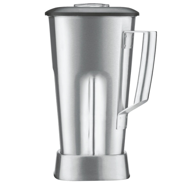 A stainless steel Blender Container from the Xtreme MX series, featuring a matching lid and handle. Its metallic, reflective surface and sleek modern design stand out, while the wide base and side handle ensure easy pouring.