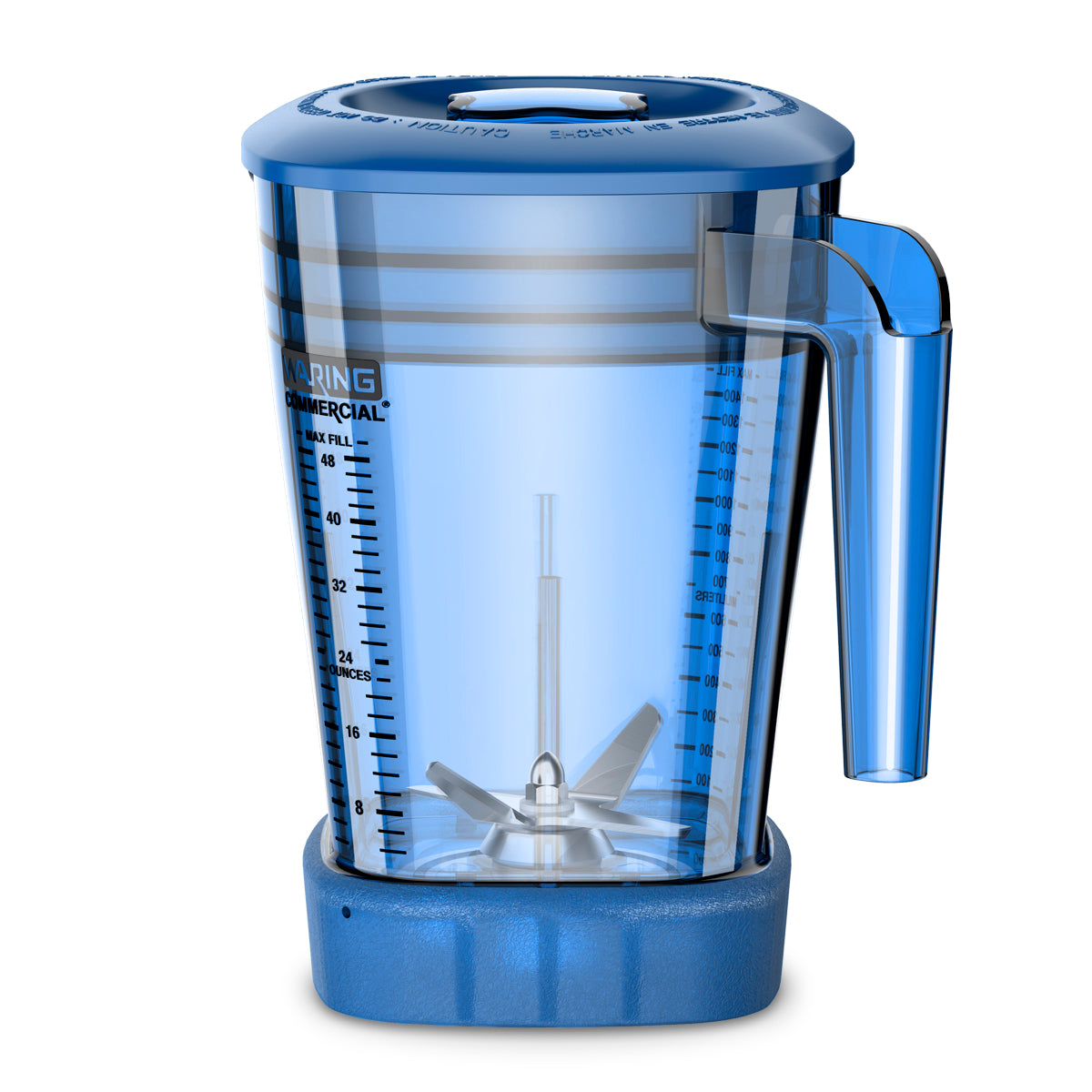 A clear blue Raptor Blender Container pitcher with measurement markings, BPA Free, featuring a sturdy handle, removable lid, and visible metal blade assembly on a blue base—compatible with Xtreme MX series blenders and isolated on a white background.