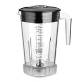 A clear 64 oz blender container with black lid and transparent handle, marked with measurement lines in ounces and milliliters. Designed for Xtreme MX series blenders, it features metal blades, a ridged silver bottom, and a secure lid with a raised round section.