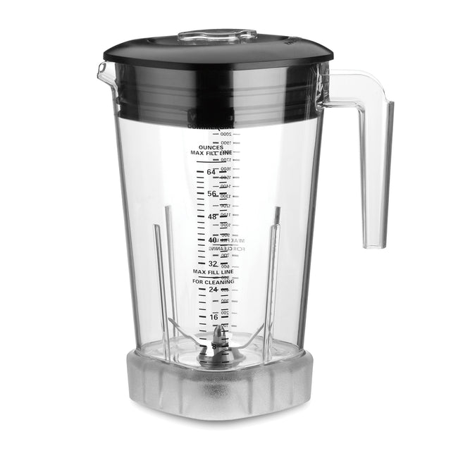 A clear 64 oz blender container with black lid and transparent handle, marked with measurement lines in ounces and milliliters. Designed for Xtreme MX series blenders, it features metal blades, a ridged silver bottom, and a secure lid with a raised round section.