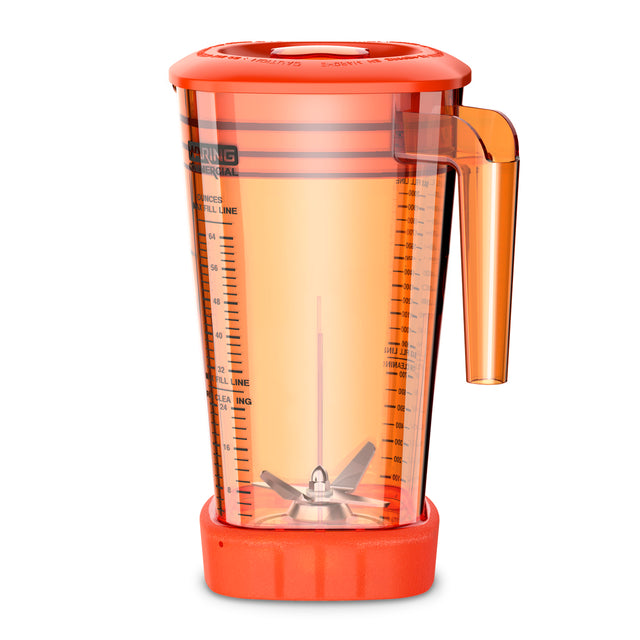 A translucent orange 2 liter blender container made of copolyester, with a matching lid and base, marked with measurement lines. A sturdy handle sits on the right, and sharp metal blades are visible inside this MX Series Blender jar.