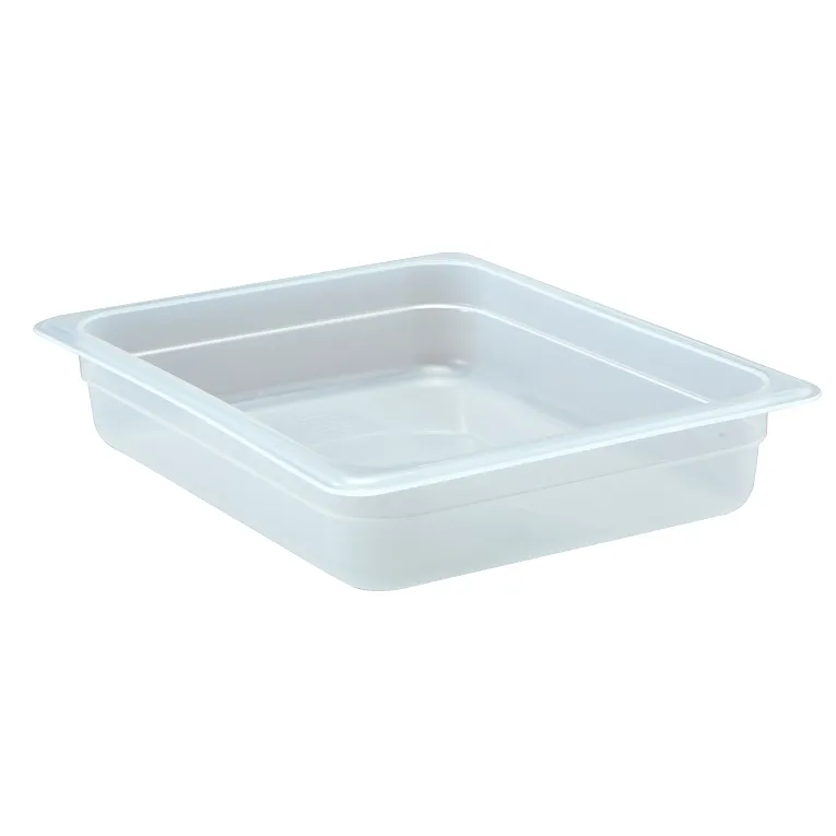 A clear, rectangular 1/2 size polypropylene food pan with slightly tapered sides and a wide rim is shown on a white background. The empty container is ideal for food storage or serving in kitchens or food service settings.