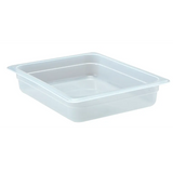 A clear, rectangular 1/2 size polypropylene food pan with slightly tapered sides and a wide rim is shown on a white background. The empty container is ideal for food storage or serving in kitchens or food service settings.