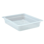 A clear, rectangular 1/2 size polypropylene food pan with slightly tapered sides and a wide rim is shown on a white background. The empty container is ideal for food storage or serving in kitchens or food service settings.