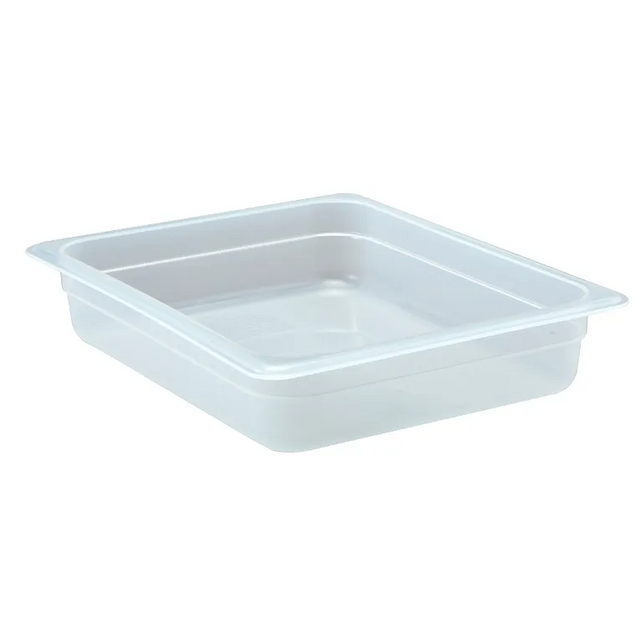 A clear, rectangular 1/2 size polypropylene food pan with slightly tapered sides and a wide rim is shown on a white background. The empty container is ideal for food storage or serving in kitchens or food service settings.