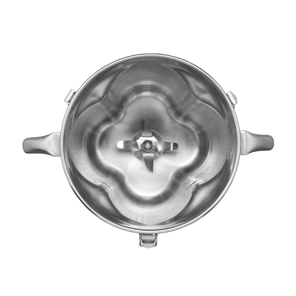 Top view of a heavy-duty blender bowl with four curved sides and sharp, cross-shaped blades in the center. The stainless steel food blender bowl features two handles on opposite sides and a shiny bottom clip, all metallic in finish.