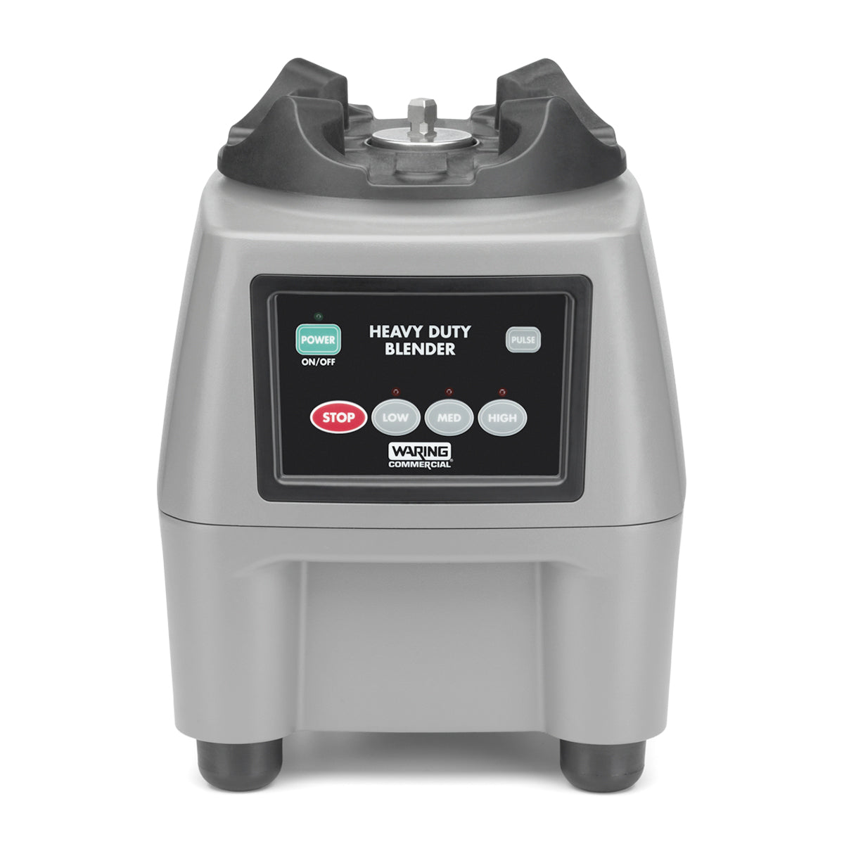 A heavy-duty 3-3/4 HP countertop Food Blender base in silver and black with a digital control panel. Buttons for Power, On/Off, Stop, Pulse, Low, Med, and High plus HEAVY DUTY BLENDER and Waring Commercial on the display.