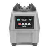 A heavy-duty 3-3/4 HP countertop Food Blender base in silver and black with a digital control panel. Buttons for Power, On/Off, Stop, Pulse, Low, Med, and High plus HEAVY DUTY BLENDER and Waring Commercial on the display.