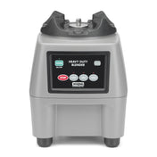 A heavy-duty 3-3/4 HP countertop Food Blender base in silver and black with a digital control panel. Buttons for Power, On/Off, Stop, Pulse, Low, Med, and High plus HEAVY DUTY BLENDER and Waring Commercial on the display.