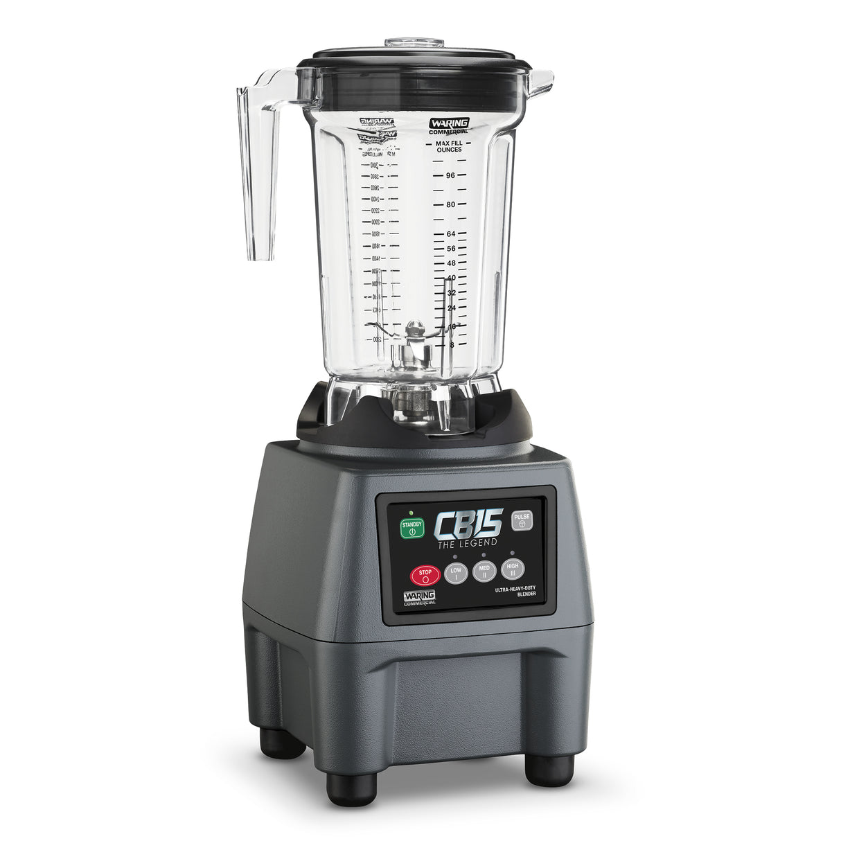 A heavy-duty blender with a clear plastic pitcher, handle, and black lid sits on a sturdy gray base with control buttons labeled CB15 Pre-Programmed. Measurement markings are visible, making this food blender perfect for commercial kitchens.