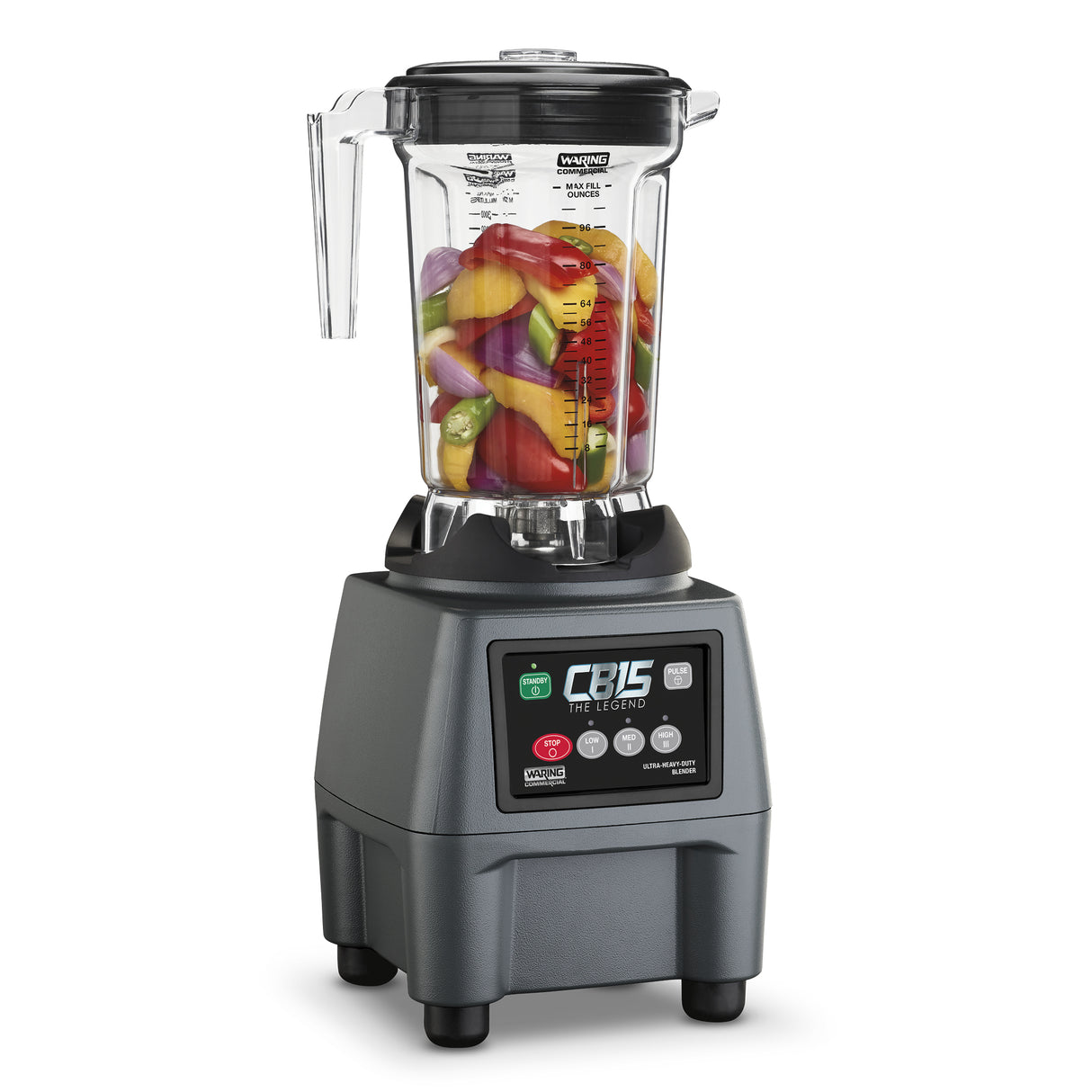 A 1 Gallon Blender with a clear plastic pitcher filled with colorful fruits and vegetables. The heavy-duty black and gray base features labeled buttons, a digital screen, and the CB15 PRE PROGRAM brand on the control panel.