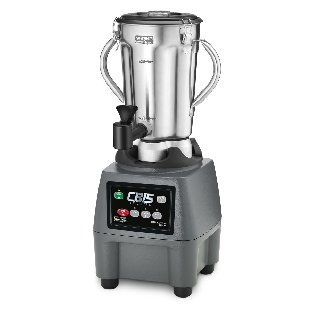 A heavy-duty Food Blender with a large stainless steel container, side handles, black lid, and a sturdy gray base featuring control buttons and a digital display labeled CB15 THE CLASSIC.