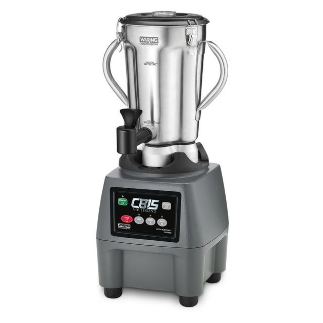 A heavy-duty Food Blender with a large stainless steel container, side handles, black lid, and a sturdy gray base featuring control buttons and a digital display labeled CB15 THE CLASSIC.