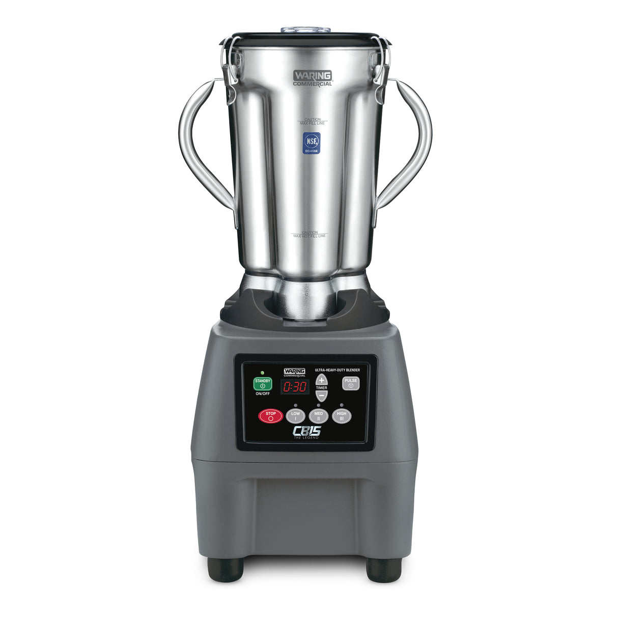 A heavy-duty Food Blender with a large stainless steel container, two side handles, and a black base featuring a digital control panel, display screen, and indicator lights. The Waring brand name is visible on the jug’s lid.