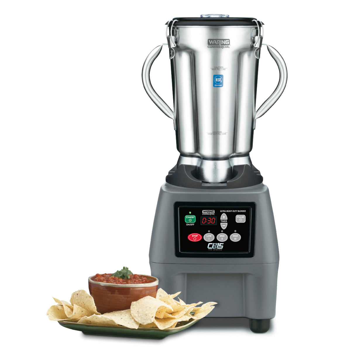 A commercial-grade Waring Food Blender with a heavy-duty digital control panel and stainless steel container sits on a white surface. In front, a plate of tortilla chips and a bowl of salsa garnished with herbs complete the scene.